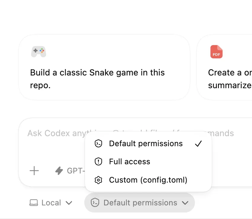 Codex App 权限选择器，显示 Default permissions、Full access 和 Custom (config.toml)