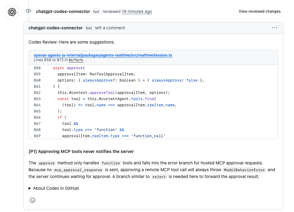 Codex 在拉取请求上发布的评审示例